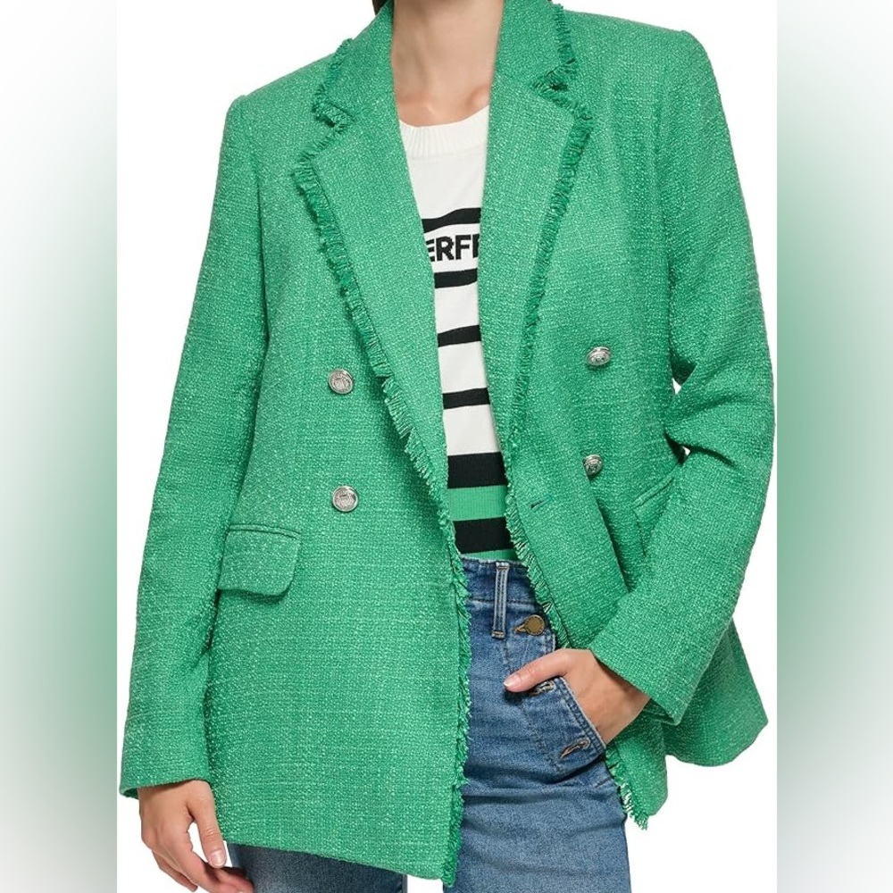 Karl Lagerfeld Double-Breasted Tweed Blazer | Green - Picture 3 of 3